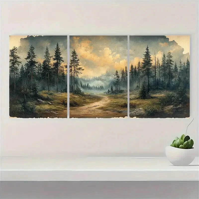 3pcs Sketch Wooded Landscape Illustration Metal Print Ready to Hang Art