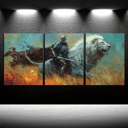 3pcs Knight and Lion Illustration Metal Print Ready to Hang Art