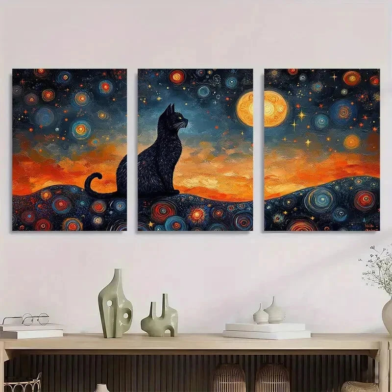 3pcs Black Cat with Celestial Patterns Metal Print Ready to Hang Art