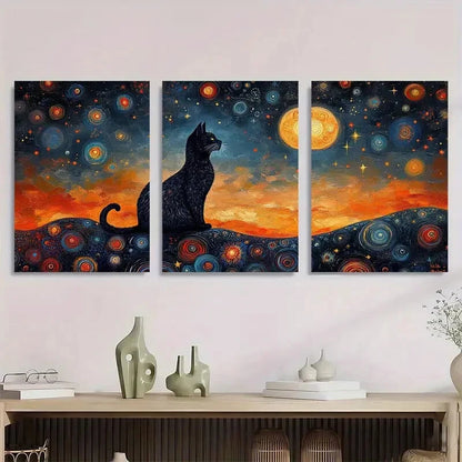 3pcs Black Cat with Celestial Patterns Metal Print Ready to Hang Art