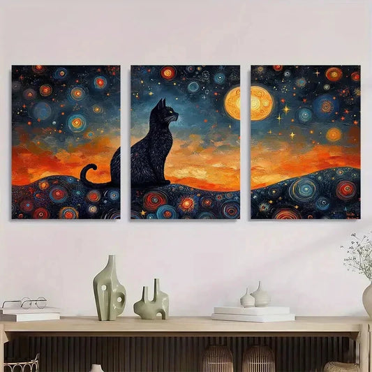 3pcs Black Cat with Celestial Patterns Metal Print Ready to Hang Art
