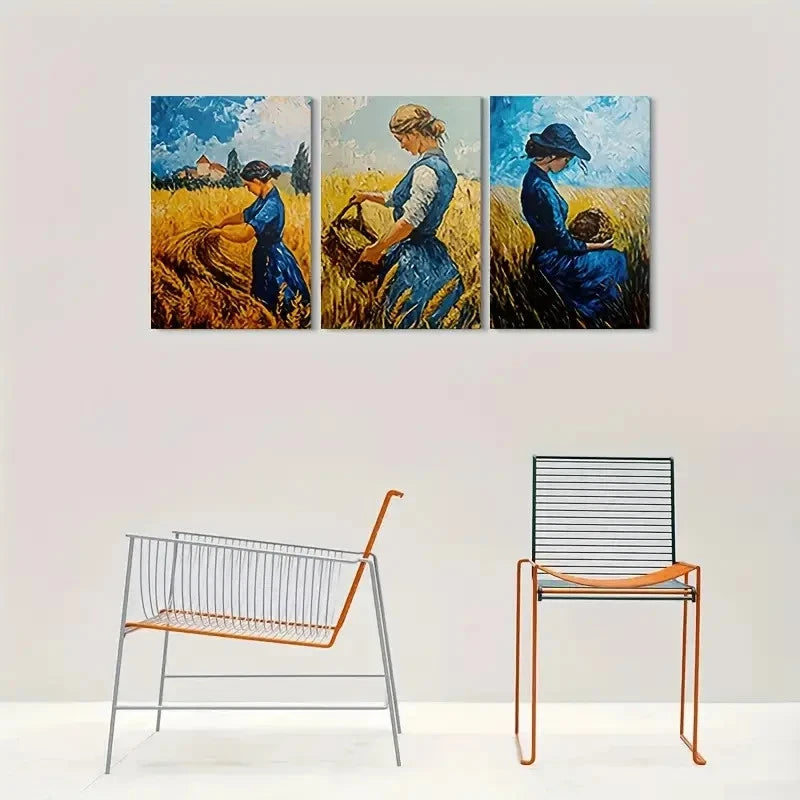 3pcs Vintage Women in Wheat Field Metal Print Ready to Hang Art