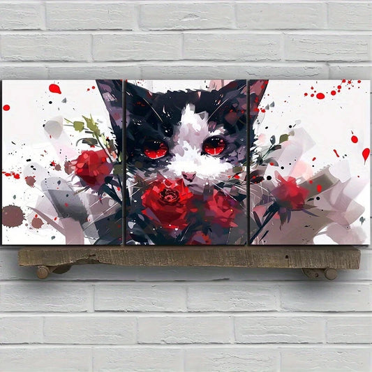 3pcs Modern Abstract Cat Red Rose Accents Metal Print Ready to Hang Art