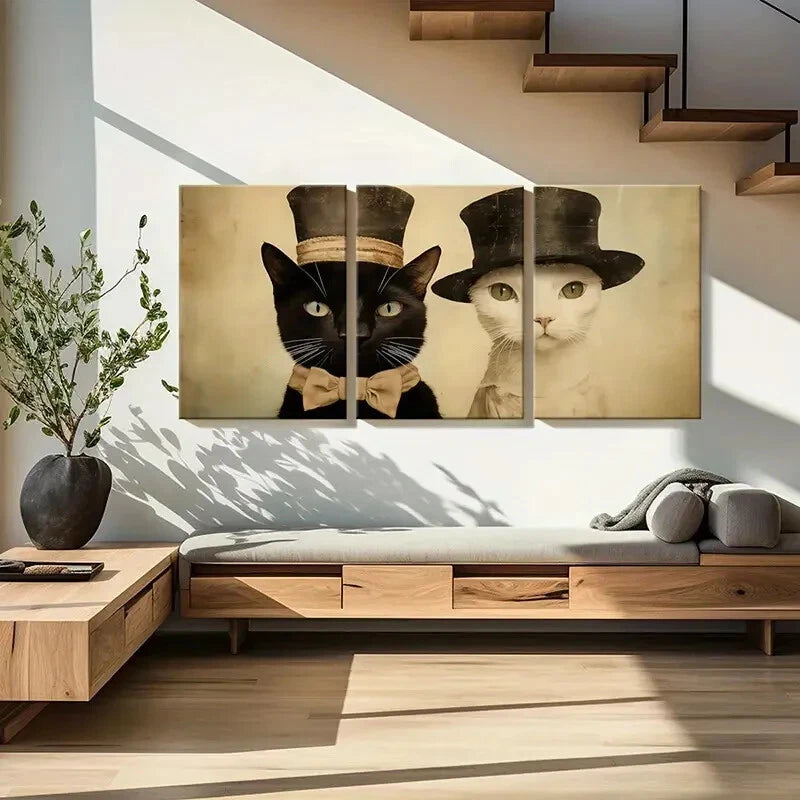 3pcs Elegant Cats In Top Hats Vintage Style Metal Print Ready to Hang Art