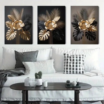 3pcs Golden Flowers Metallic Leaves Metal Print Ready to Hang Art