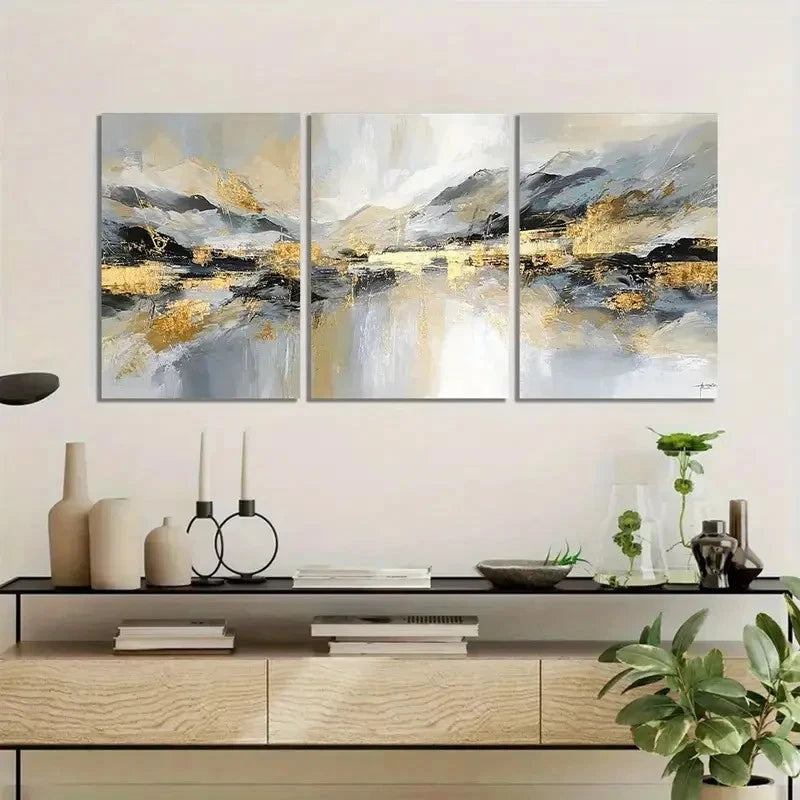 3pcs Golden And Silvery Accent Abstract Metal Print Ready to Hang Art