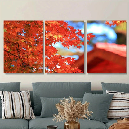 3pcs Autumn Red Maple Leaves Vibrant Metal Print Ready to Hang Art