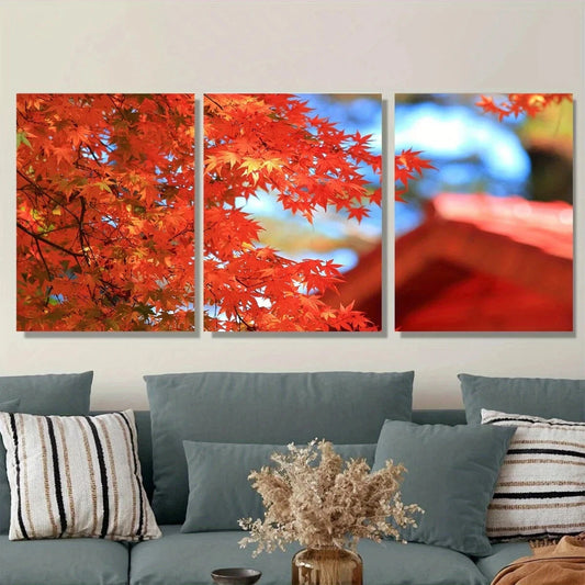 3pcs Autumn Red Maple Leaves Vibrant Metal Print Ready to Hang Art
