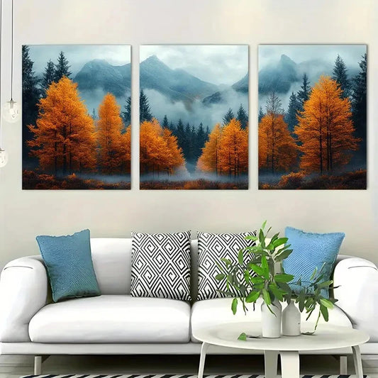 3pcs Autumn Mountain Landscape Misty Perfect Wall Art Set Canvas Framed 40x60cm - High Quality Print 100% Australian Made Wall Canvas Ready to Hang