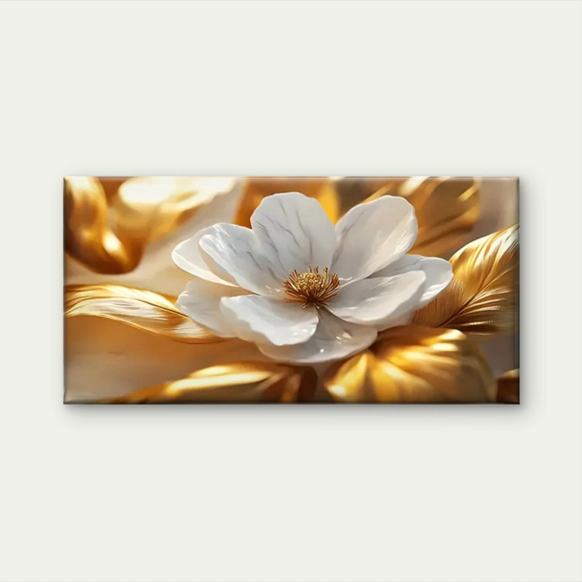 Elegant White Flowers Golden Wall Art Canvas Office Home Room Framed 120x60cm