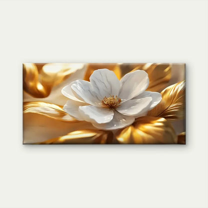 Elegant White Flowers Golden Wall Art Canvas Office Home Room Framed 120x60cm