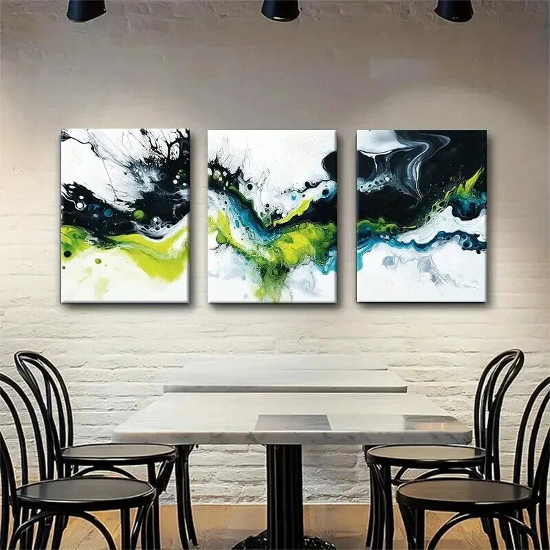 3pcs Abstract Fluid Black White Green Perfect Wall Art Set Canvas Framed 40x60cm - High Quality Print 100% Australian Made Wall Canvas Ready to Hang
