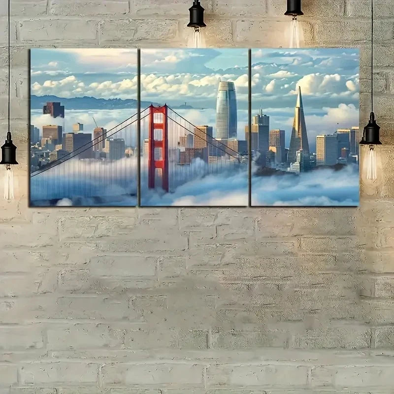3pcs Stunning Blue And White Skyline Metal Print Ready to Hang Art