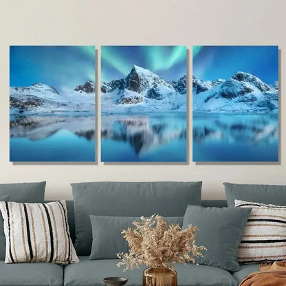 3pcs Night winter landscape with northern lights Metal Print Ready to Hang Art