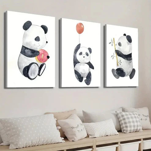 3pcs Adorable Panda with Donut Balloon & Bamboo Wall Art Set Canvas Unframed - High Quality Print 100% Australian Made Wall Canvas