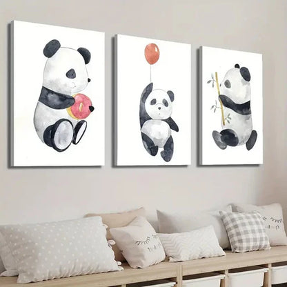 3pcs Adorable Panda with Donut Balloon & Bamboo Wall Art Set Canvas Unframed - High Quality Print 100% Australian Made Wall Canvas