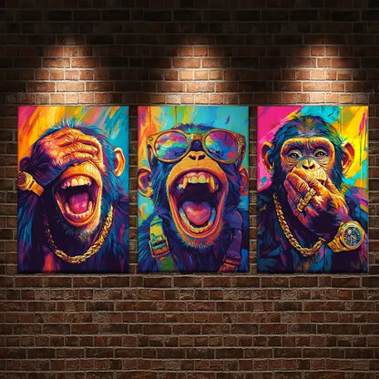 3pcs Three Open Monkey Paintings Metal Print Ready to Hang Art