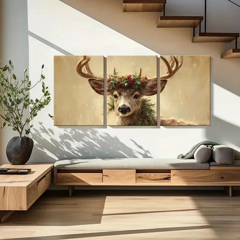 3pcs Artistic Deer Portrait Floral Crown Metal Print Ready to Hang Art