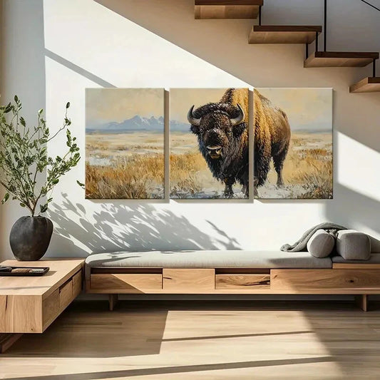 3pcs Artistic Bison Landscape Winter Scene Metal Print Ready to Hang Art