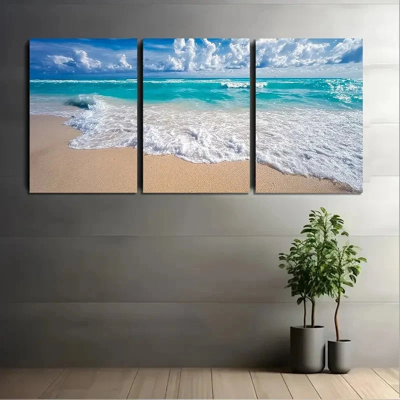 3pcs Turquoise Ocean Waves Sandy Shore Wall Art Set Canvas Framed 40x60cm - High Quality Print 100% Australian Made Wall Canvas Ready to Hang