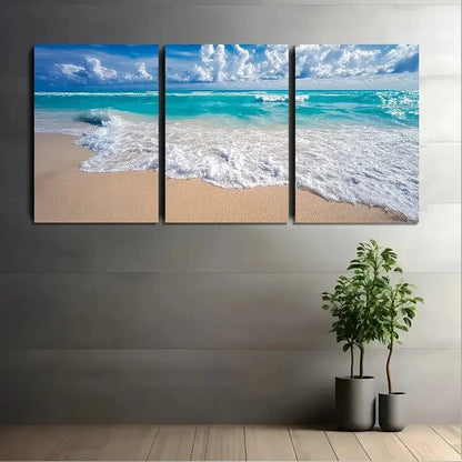 3pcs Turquoise Ocean Waves Sandy Shore Wall Art Set Canvas Framed 40x60cm - High Quality Print 100% Australian Made Wall Canvas Ready to Hang