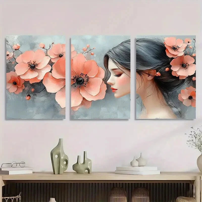 3pcs Elegant Watercolor Floral Light Pink & Gray Metal Print Ready to Hang Art