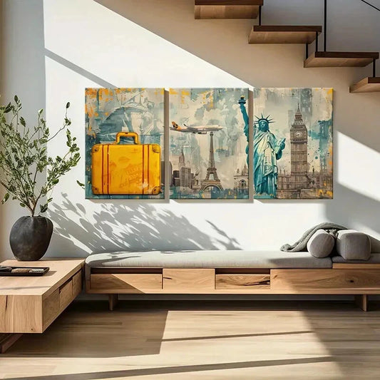 3pcs Statue Of Liberty Eiffel Tower Airplane Metal Print Ready to Hang Art