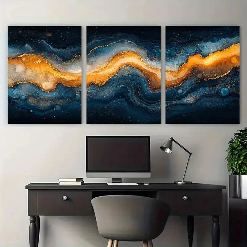 3pcs Elegant Earth Toned Abstract Marbled Design Metal Print Ready to Hang Art