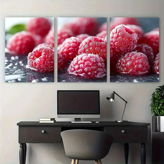 3pcs Fresh Raspberries Water Macro Photography Metal Print Ready to Hang Art