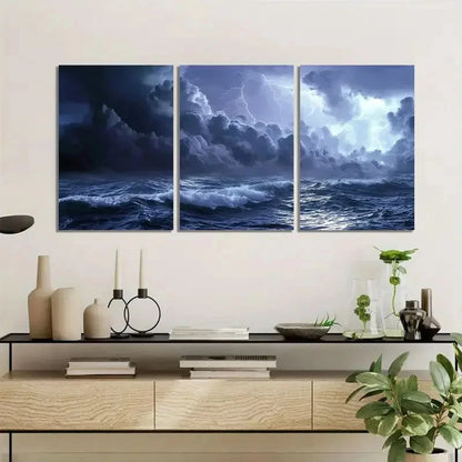 3pcs Dark Blue Sea with Lightning in The Sky Metal Print Ready to Hang Art