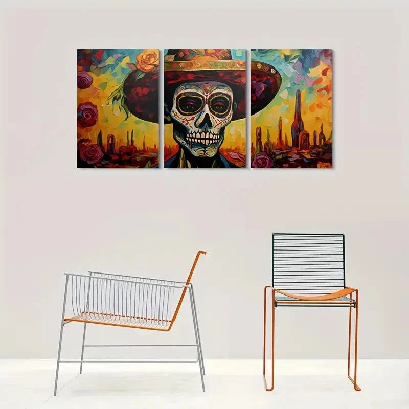 3pcs Day of the Dead Skull Triptych Painting Metal Print Ready to Hang Art