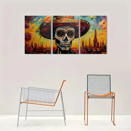3pcs Day of the Dead Skull Triptych Painting Metal Print Ready to Hang Art