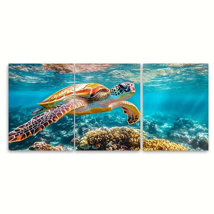 3pcs Turtle Swimming in Reef Islands Metal Print Ready to Hang Art