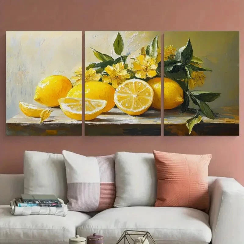 3pcs Vibrant Still Life Lemon Flowers Illustration Metal Print Ready to Hang Art