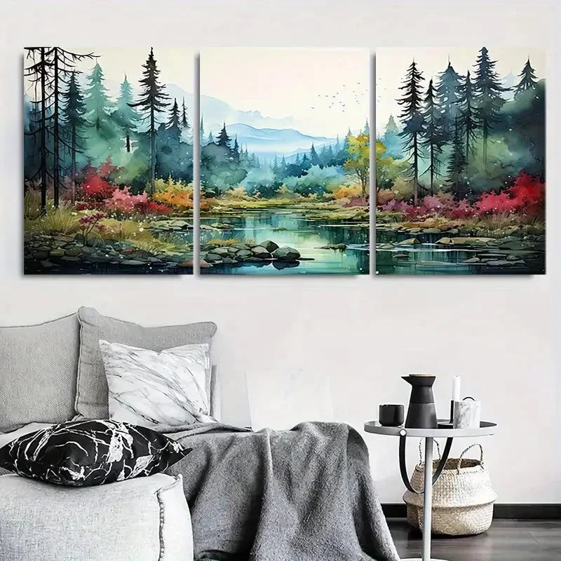 3pcs Tranquil River Forest Mountain View & Autumn Metal Print Ready to Hang Art
