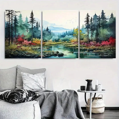 3pcs Tranquil River Forest Mountain View & Autumn Metal Print Ready to Hang Art