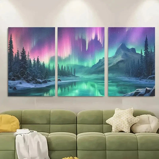3pcs Northern Lights Landscape Metal Print Ready to Hang Art
