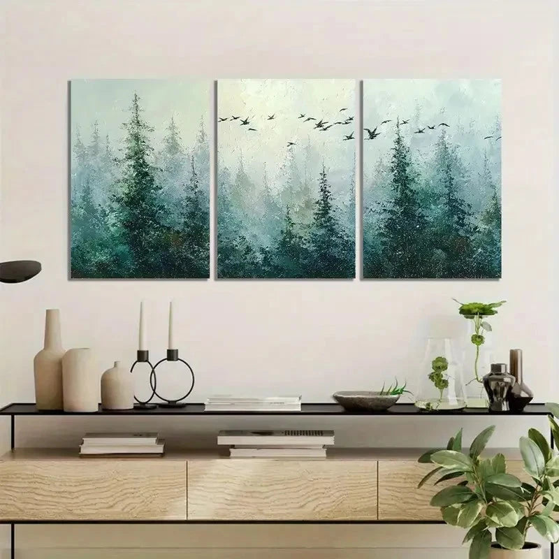 3pcs Forest with Pine Trees And Flying Birds Metal Print Ready to Hang Art