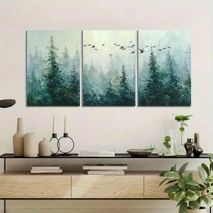 3pcs Forest with Pine Trees And Flying Birds Metal Print Ready to Hang Art