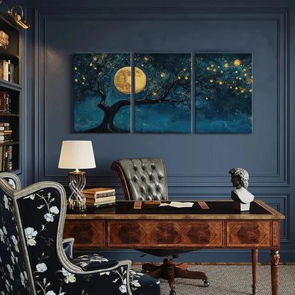 3pcs Moonlit Night Glowing Tree Celestial Sky Metal Print Ready to Hang Art