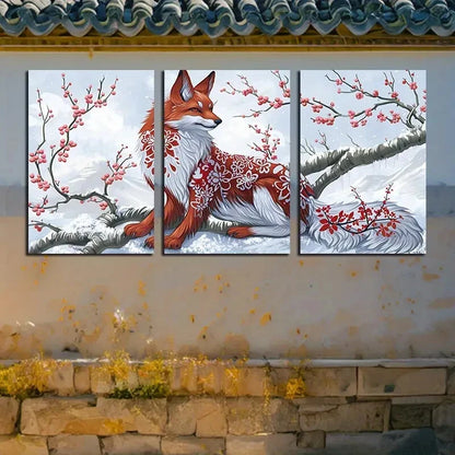 3pcs Fox in Snow with Cherry Blossoms Metal Print Ready to Hang Art