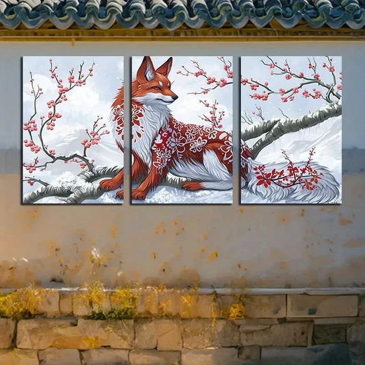 3pcs Fox in Snow with Cherry Blossoms Metal Print Ready to Hang Art