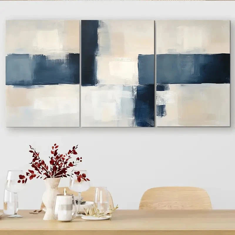 3pcs Abstract Blue & Beige Brush Painting Metal Print Ready to Hang Art