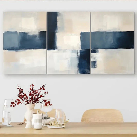 3pcs Abstract Blue & Beige Brush Painting Metal Print Ready to Hang Art