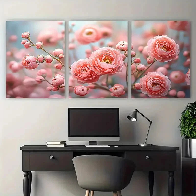 3pcs Pastel Pink Floral Spring Blooming Bouquet Metal Print Ready to Hang Art