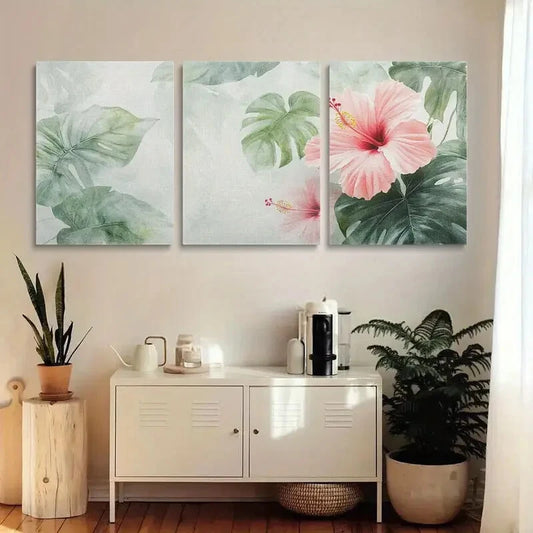 3pcs Flowers and Green Monstera Leaves etal Print Ready to Hang Art