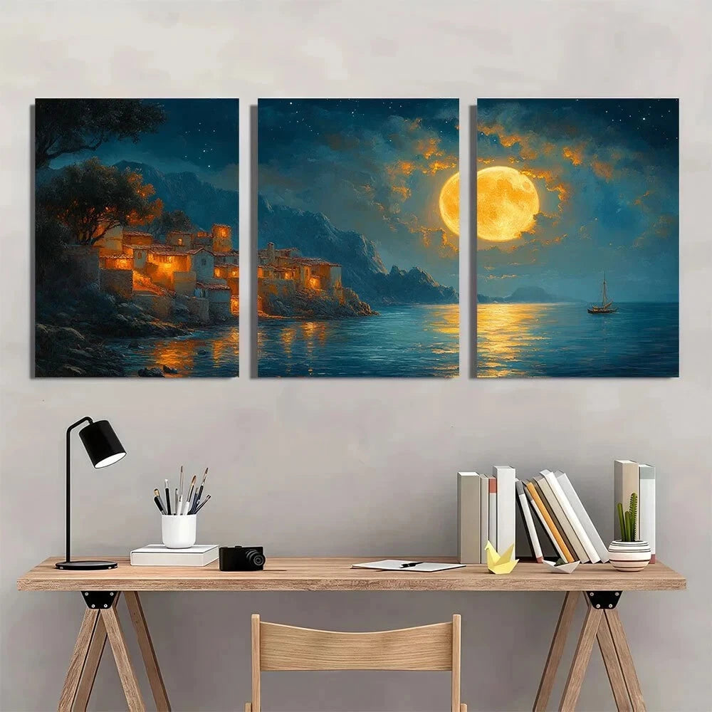 3pcs Midnight Greek Fishing Village Full Moon Metal Print Ready to Hang Art