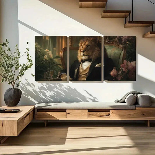 3pcs Elegant Lion in Tuxedo Fantasy Animal Metal Print Ready to Hang Art
