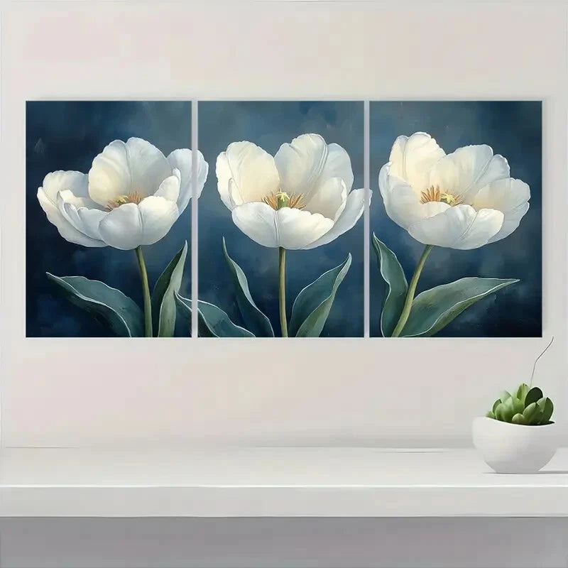 3pcs Elegant White Tulips Floral Watercolor Metal Print Ready to Hang Art