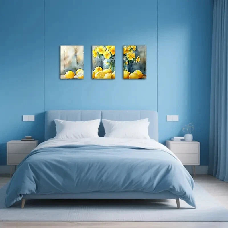3pcs Abstract Vibrant Yellow Lemon & Floral Motifs Metal Print Ready to Hang Art